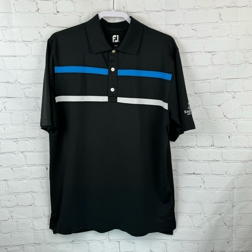 FJ Footjoy Medium Men's Short Sleeve Poly Spandex Golf Polo Shirt Black Striped